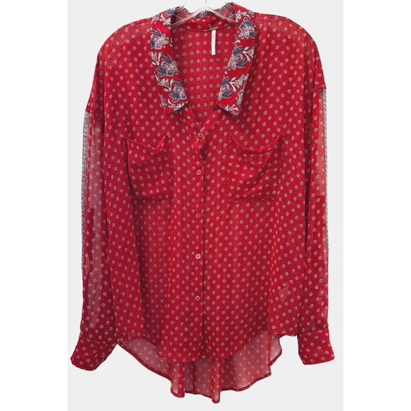 Free People Easy Rider Bandana Print Paisley Semi Sheer Button Front Top Large - Picture 1 of 8